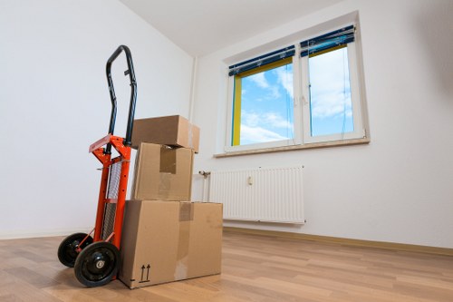 Packed office equipment ready for relocation